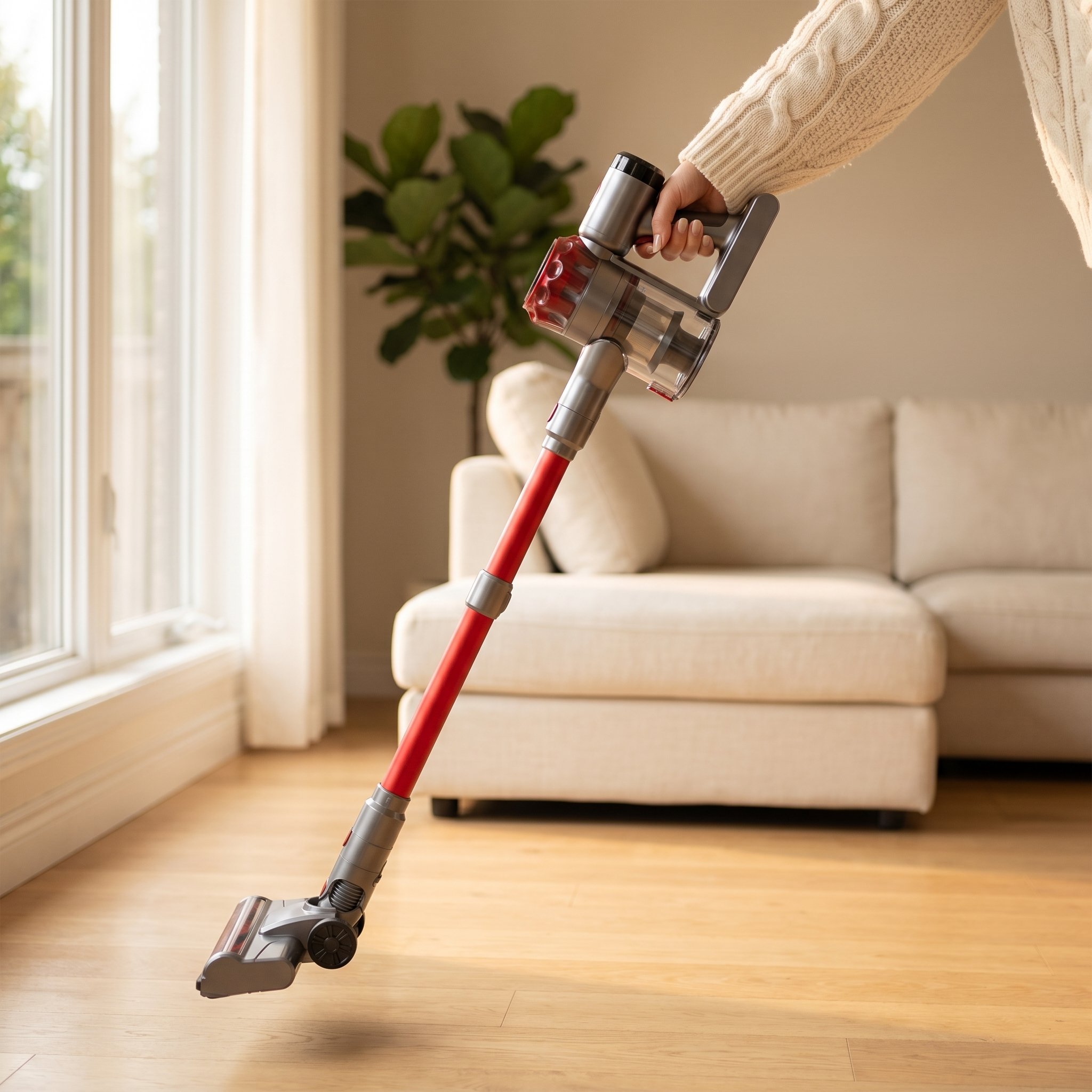 A hand effortlessly lifts the lightweight Nyven cordless vacuum with one finger.