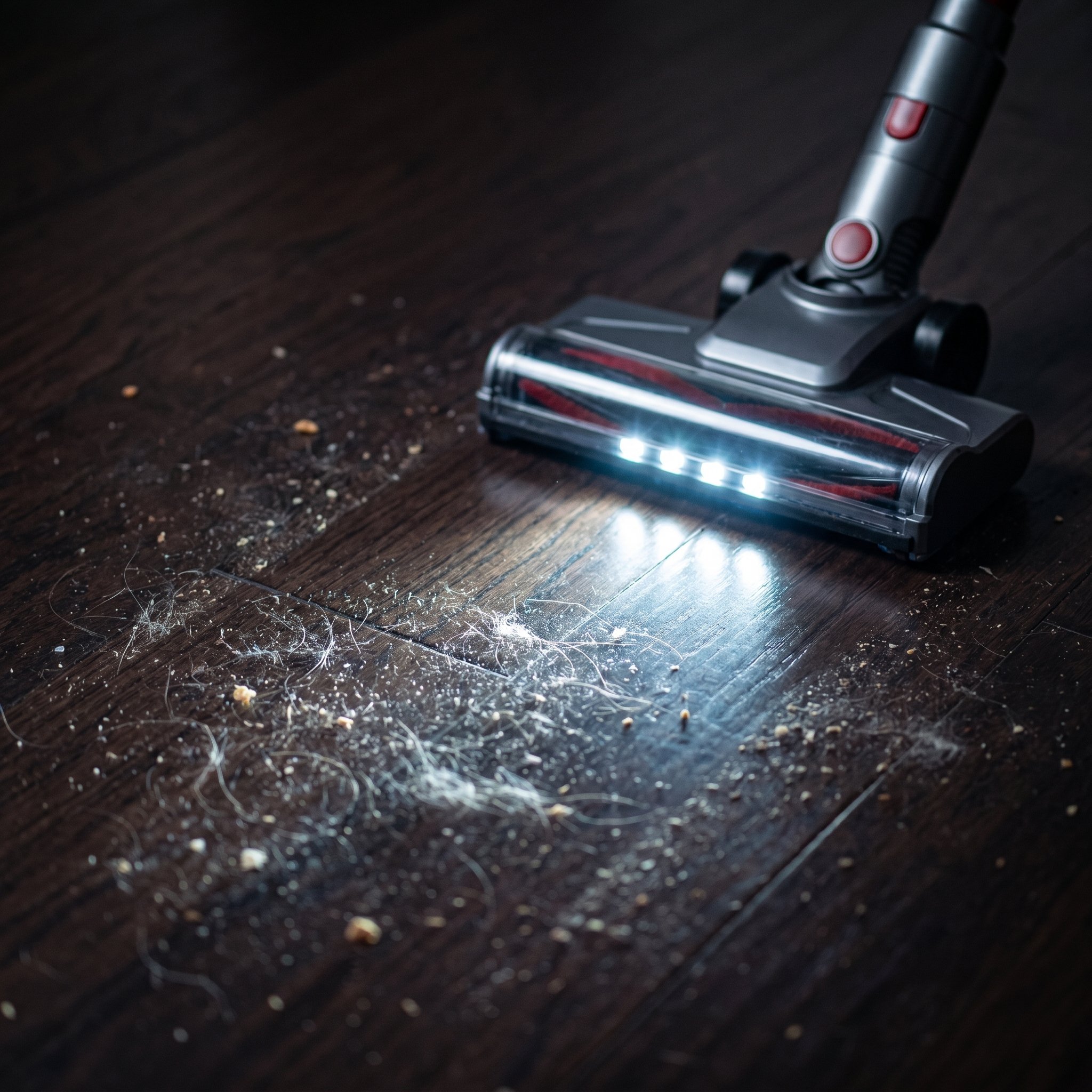 The Nyven vacuum's LED headlights reveal a swirl of fine dust and hair on a dark hardwood floor.