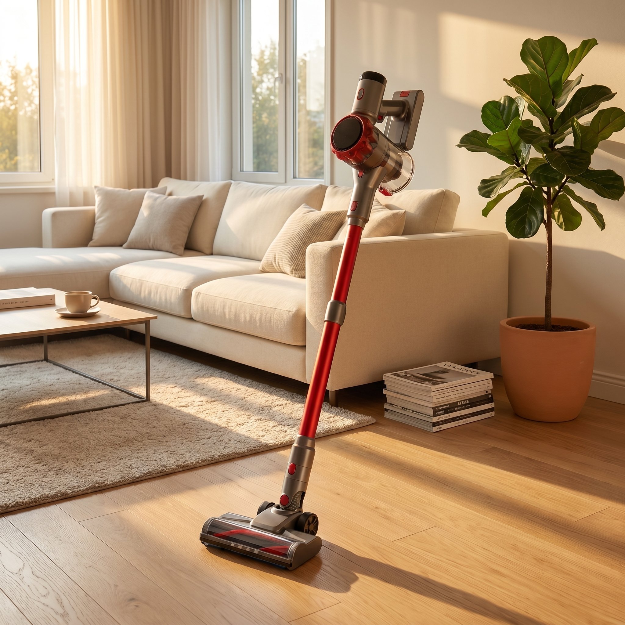 A Nyven cordless vacuum stands in a beautifully clean, sunlit living room at golden hour, communicating a peaceful, cared-for home.