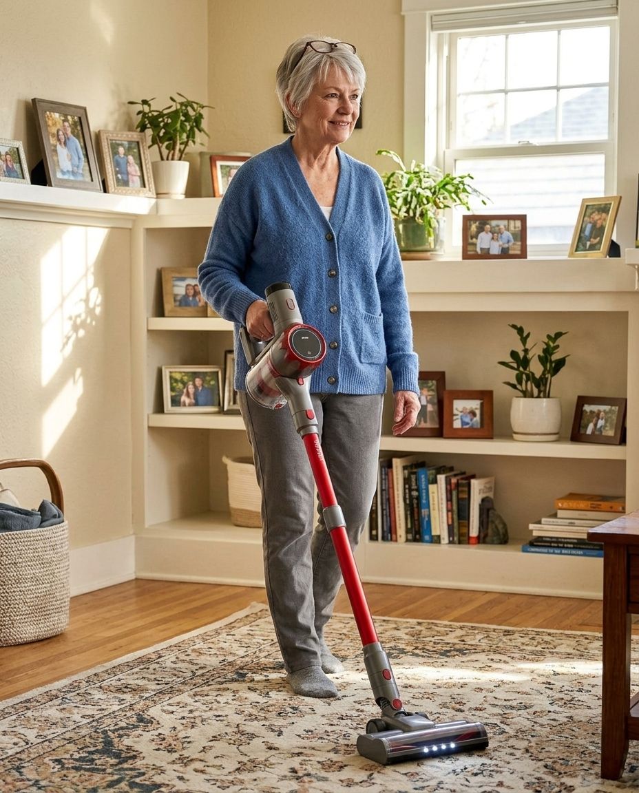 A woman with silver hair vacuuming her living room rug standing upright with a lightweight cordless vacuum