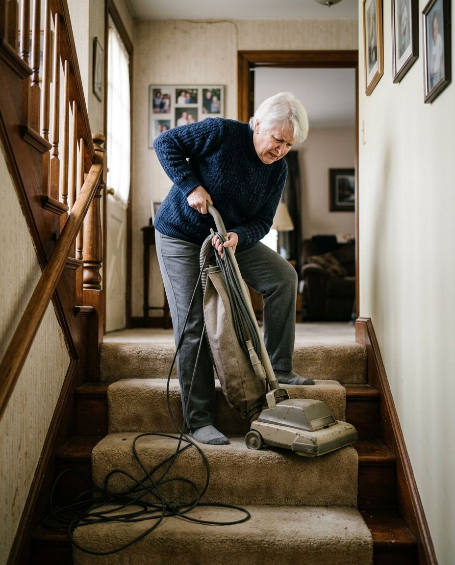 An older woman straining to drag a heavy corded upright vacuum up carpeted stairs