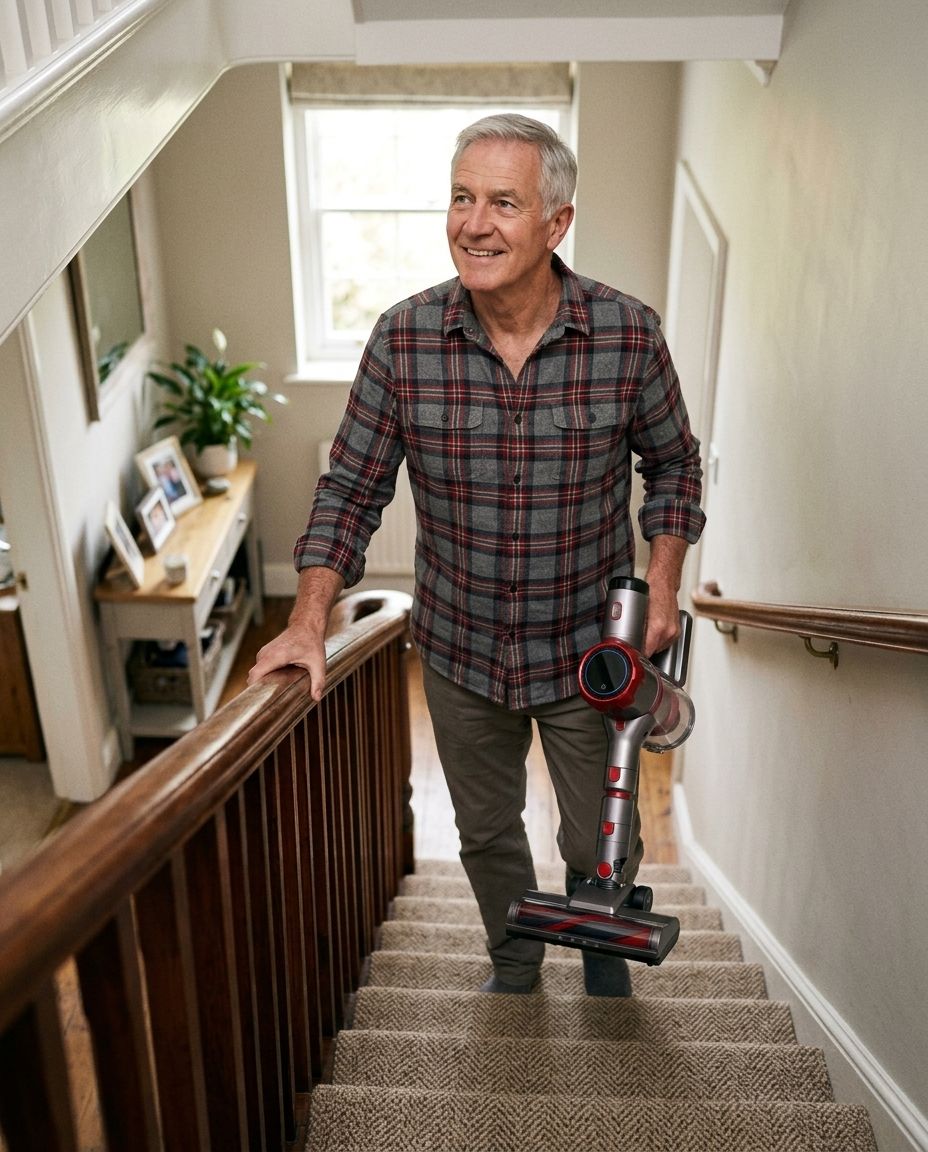 A man carrying a light cordless vacuum up the stairs with one hand while holding the railing with the other