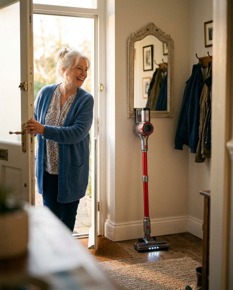 A woman answering the front door while a cordless vacuum stands upright on its own in the hallway