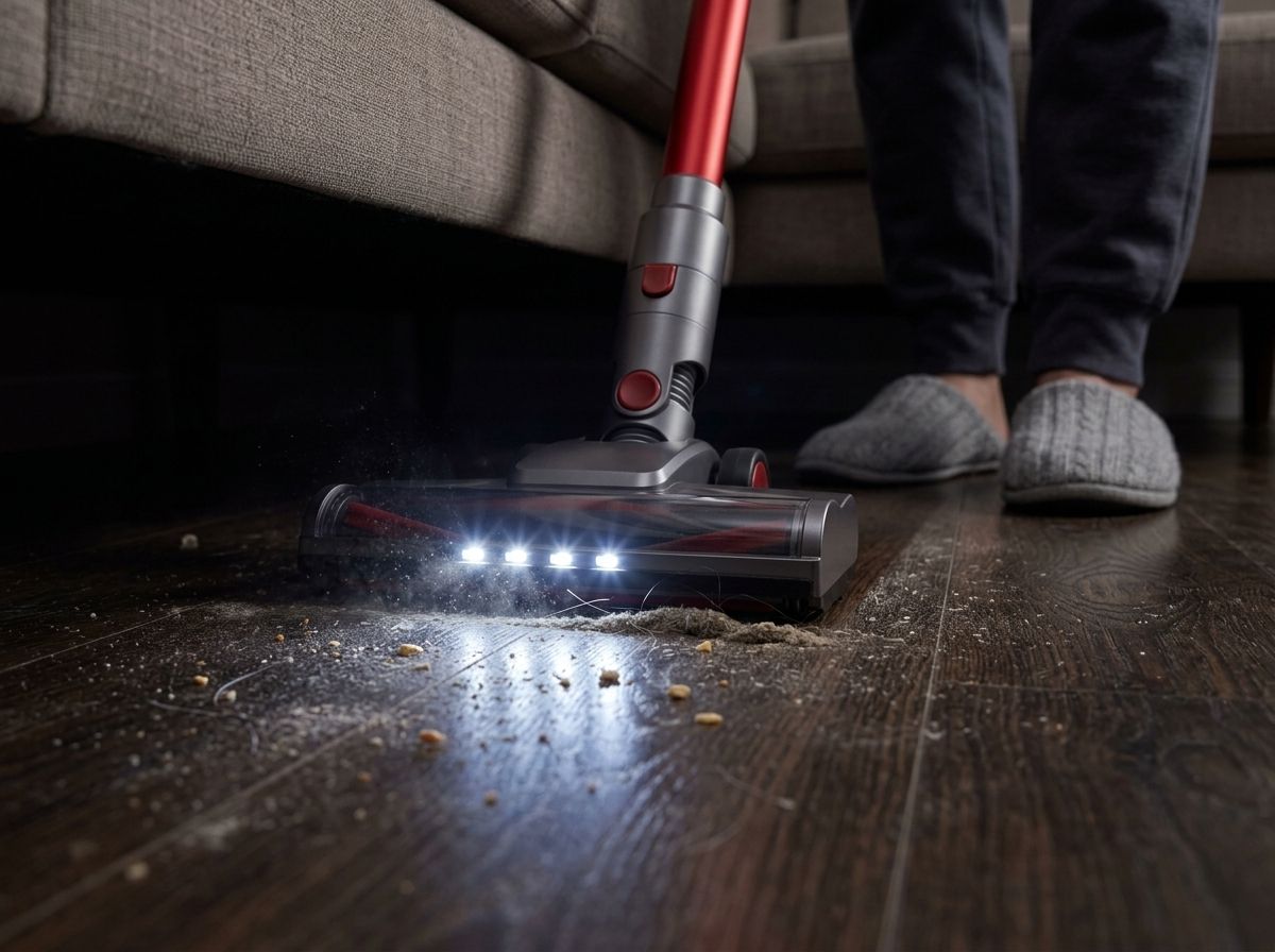 Bright LED lights on a vacuum floor head lighting up dust and crumbs on a dark wood floor