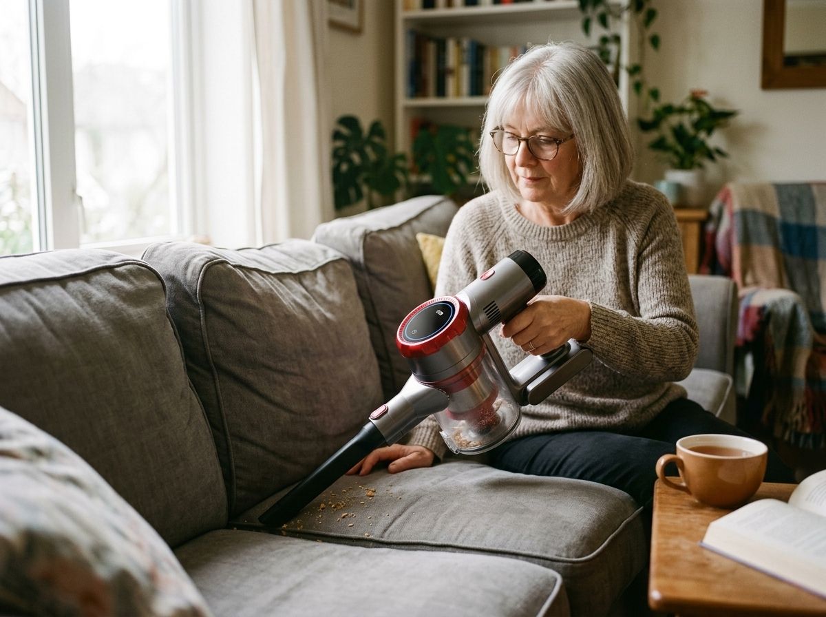 A woman sitting on her sofa cleaning crumbs off the cushions with the handheld part of the vacuum