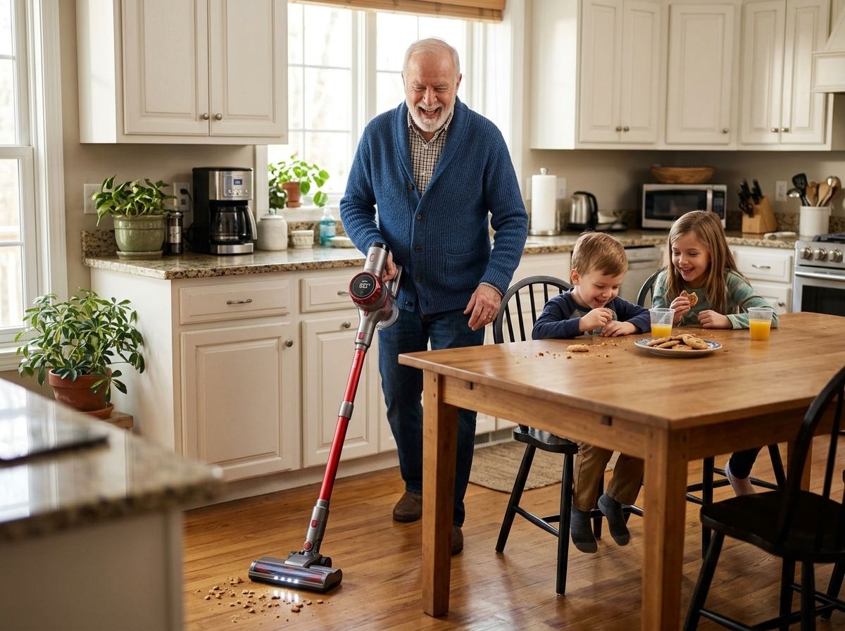 A grandfather laughing as he vacuums cookie crumbs under the kitchen table while his grandchildren eat