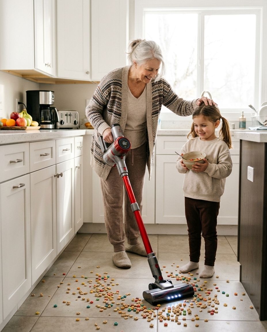 A grandmother vacuuming spilled cereal while her granddaughter watches