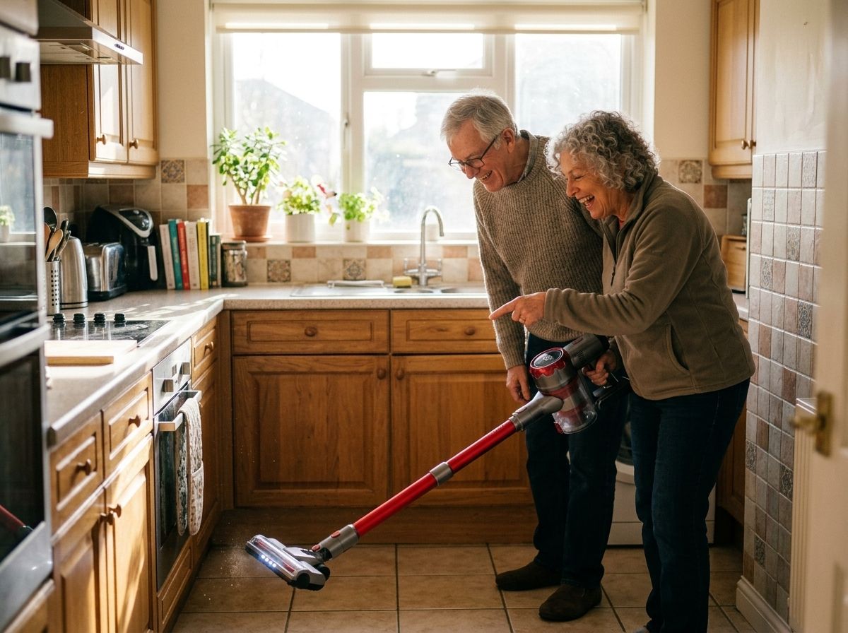 An older couple laughing together in their kitchen while vacuuming