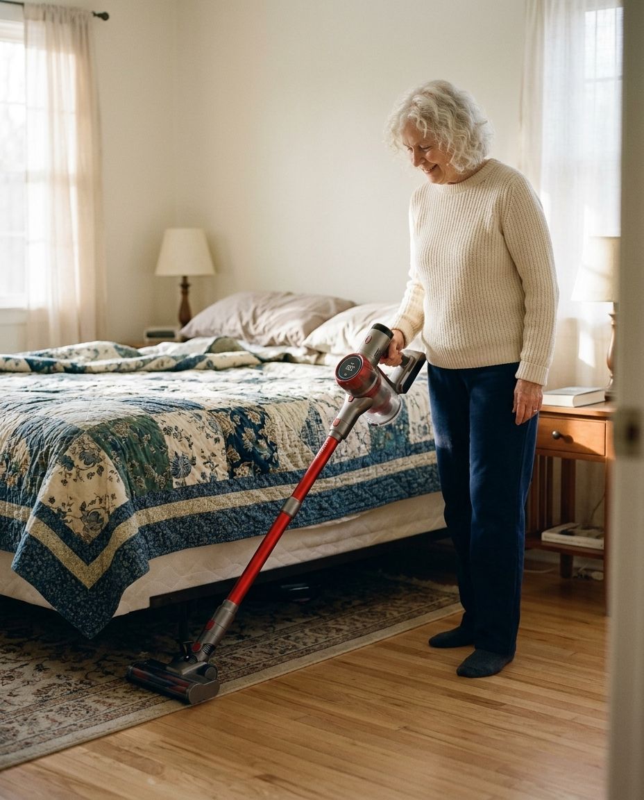 A woman vacuuming beside her bed while standing upright