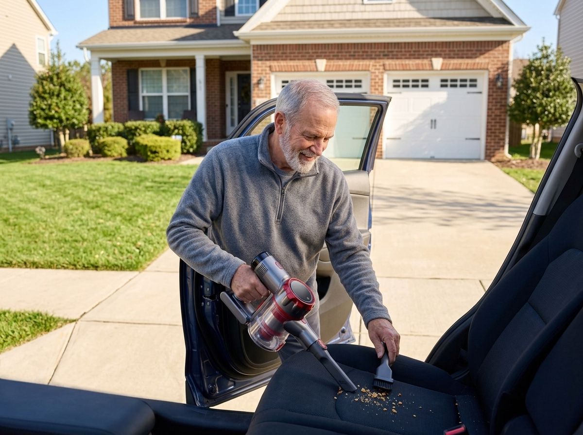 A man cleaning his car seat with the handheld part of the vacuum in his driveway