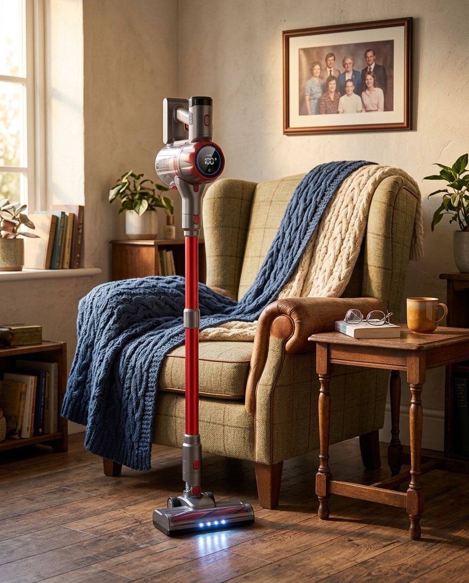 The Kolnar S3P cordless vacuum standing on its own beside a cozy armchair