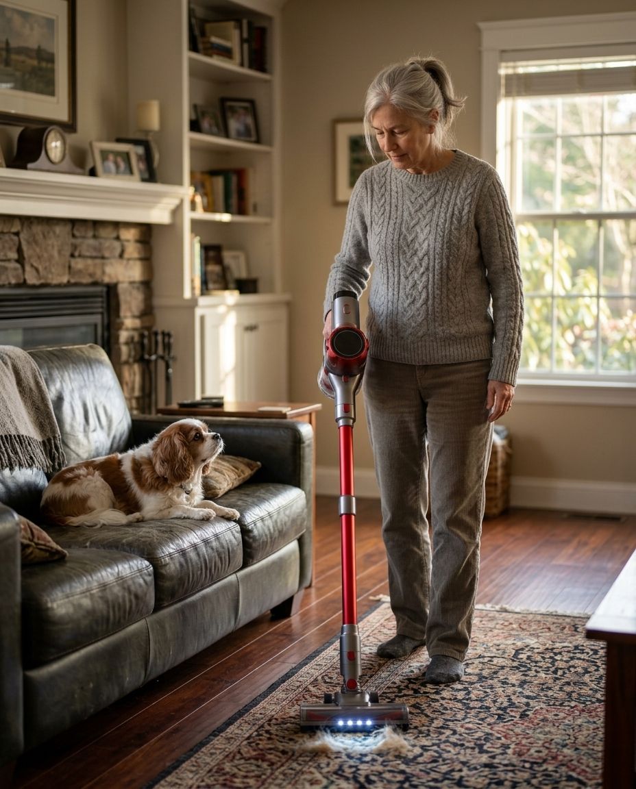 A woman vacuuming dog hair from a rug while her small dog watches from the sofa